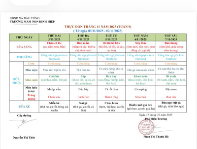 THỰC ĐƠN TUẦN 9 NĂM HỌC 2025-2026