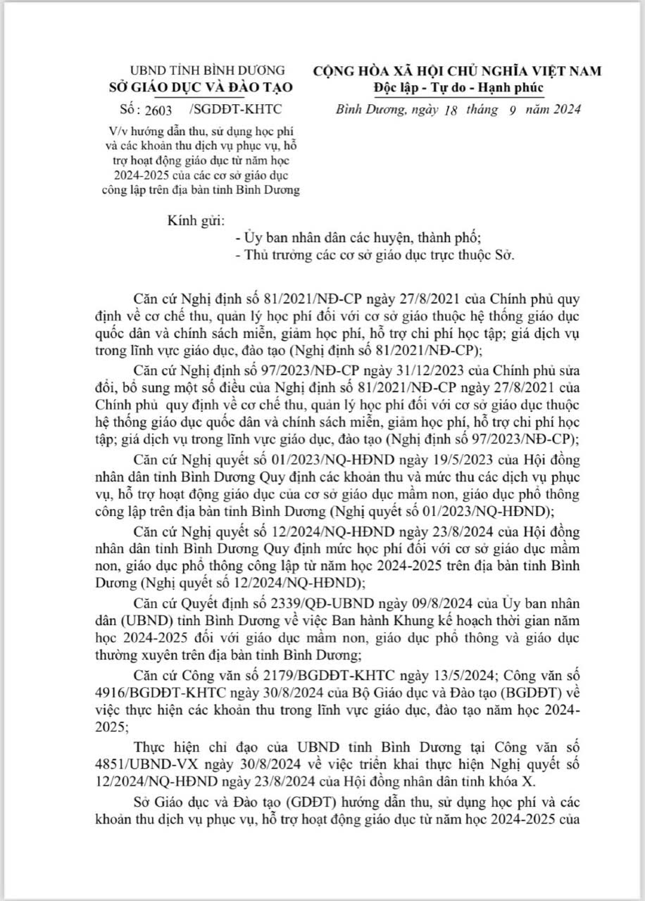 VĂN BẢN HƯỚNG DẪN THU, SỬ DỤNG HỌC PHÍ VÀ CÁC KHOẢN THU DỊCH VỤ PHỤC VỤ , HỖ TRỢ HOẠT ĐỘNG GIÁO DỤC TỪ NĂM HỌC 2024 – 2025 CỦA CÁC CƠ SỞ GIÁO DỤC TRÊN ĐỊA BÀN TỈNH BÌNH DƯƠNG
