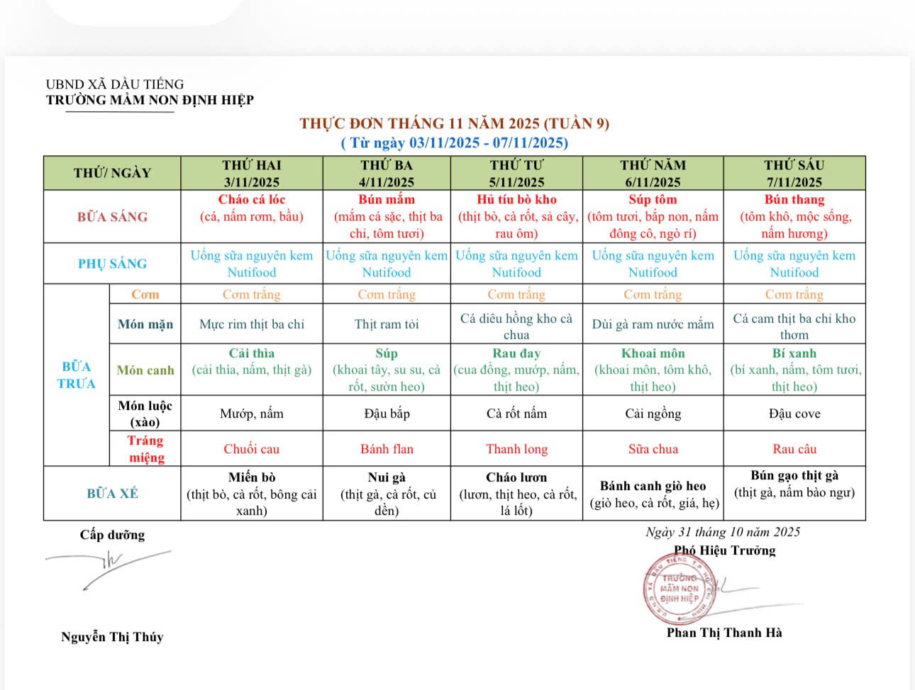 THỰC ĐƠN TUẦN 9 NĂM HỌC 2025-2026