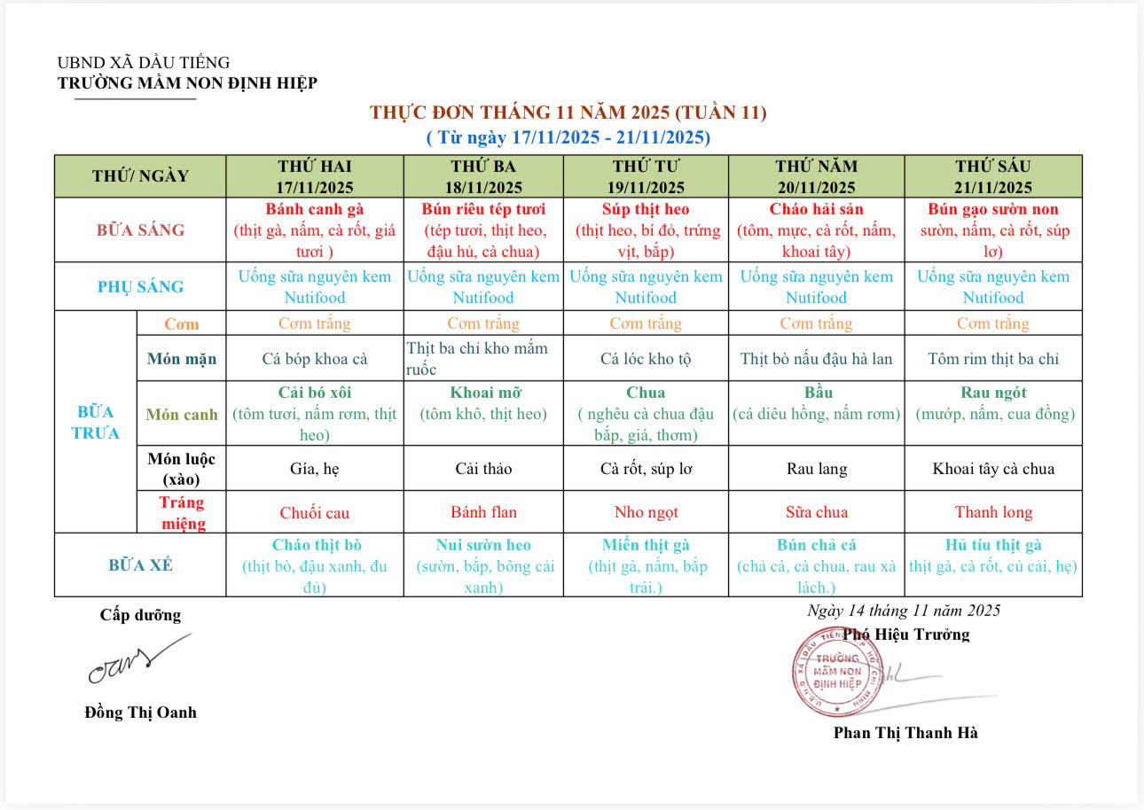 THỰC ĐƠN TUẦN 11 NH 2025-2026